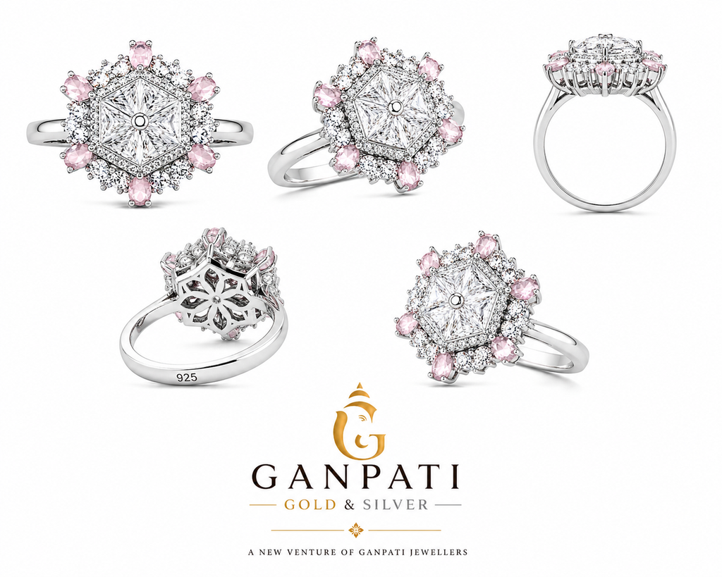Royal Blossom Halo Ring in 925 Silver with Pink Stones