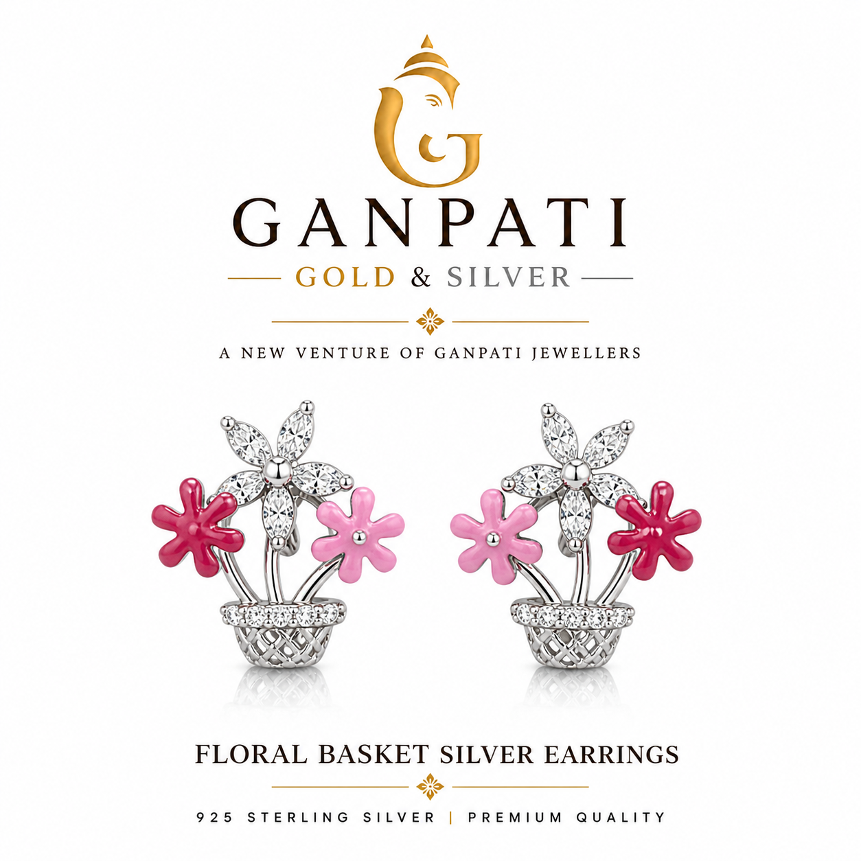 Floral Basket 925 Sterling Silver Earrings – Premium Designer Studs
