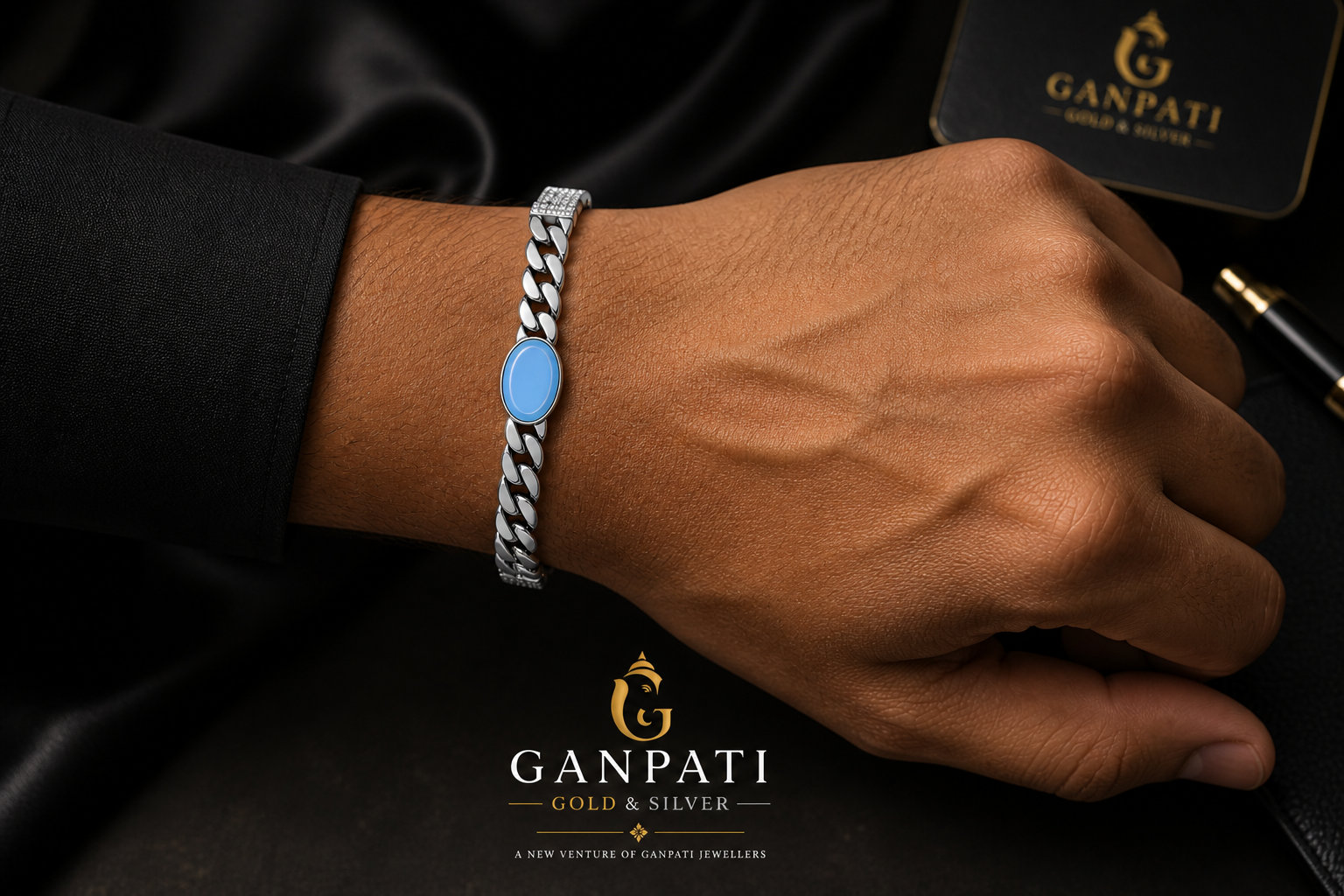 Silver Cuban Link Bracelet with Blue Stone – 925 Sterling Silver | Premium Finish