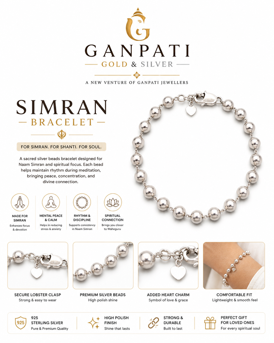 Simran Bracelet – 925 Sterling Silver Spiritual Beads Bracelet