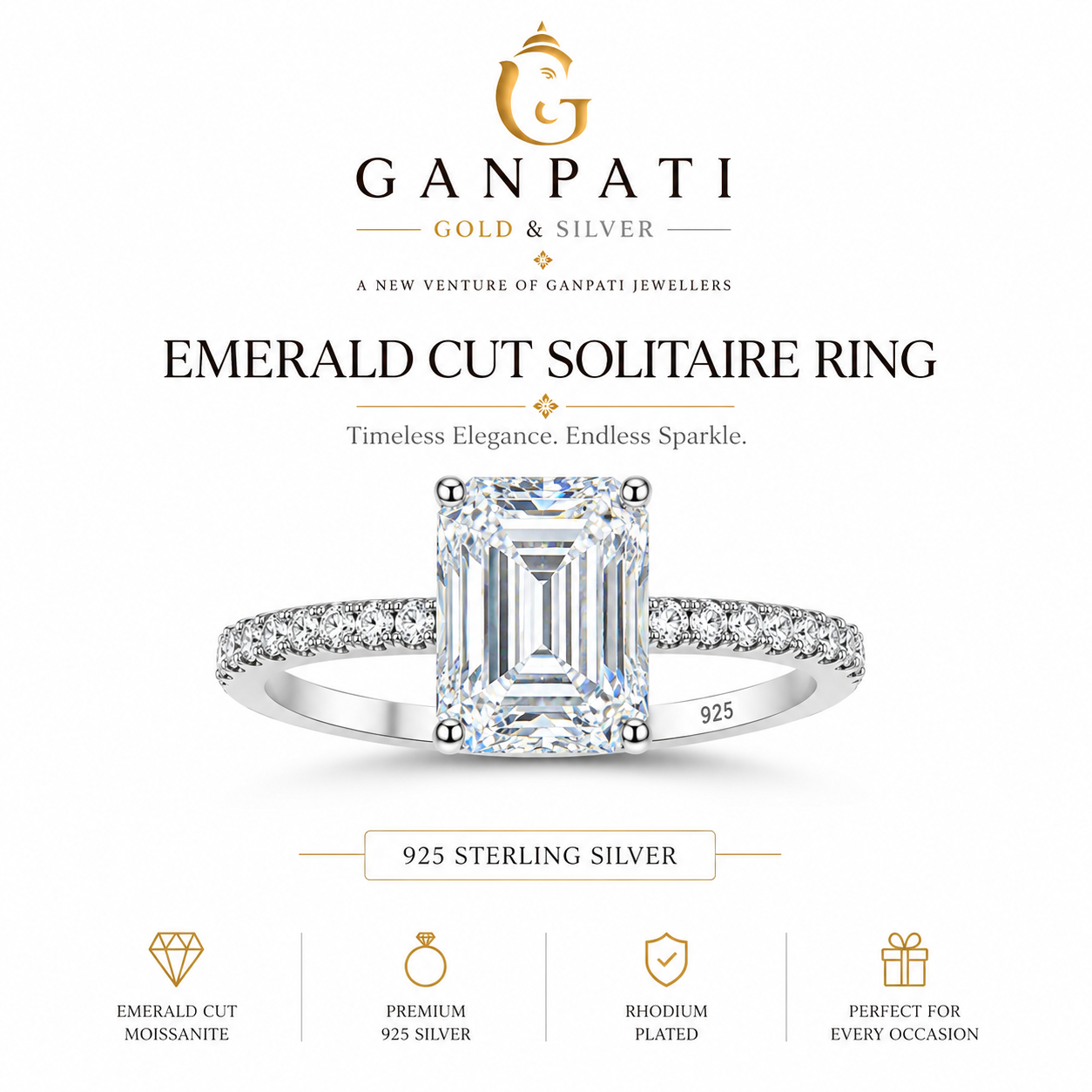Emerald Cut Solitaire Ring – 925 Sterling Silver