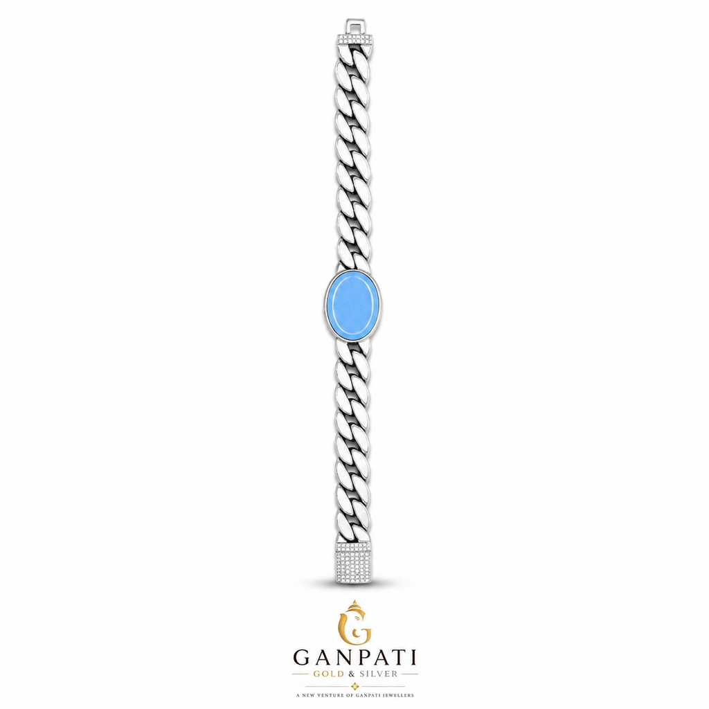 Silver Cuban Link Bracelet with Blue Stone – 925 Sterling Silver | Premium Finish