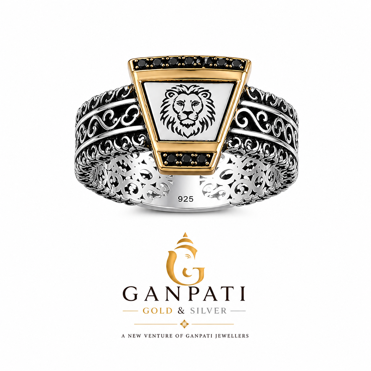Men’s Lion Emblem 925 Sterling Silver Ring with Gold Accent & Black Stones