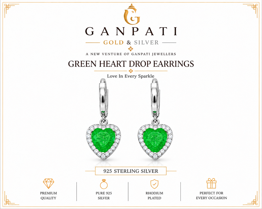 Green Heart Drop Earrings in 925 Sterling Silver