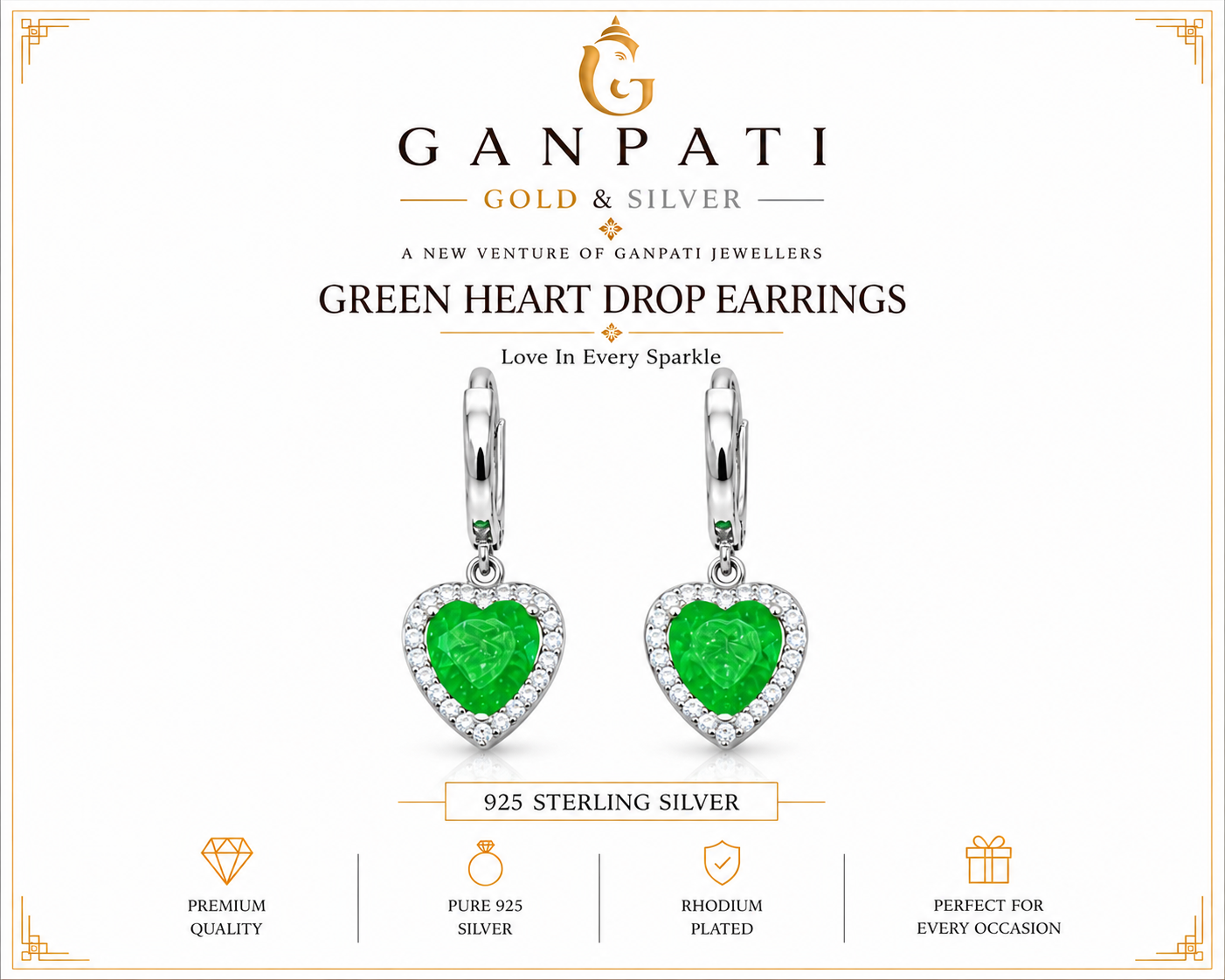 Green Heart Drop Earrings in 925 Sterling Silver