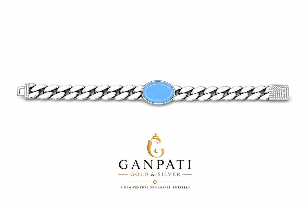 Silver Cuban Link Bracelet with Blue Stone – 925 Sterling Silver | Premium Finish