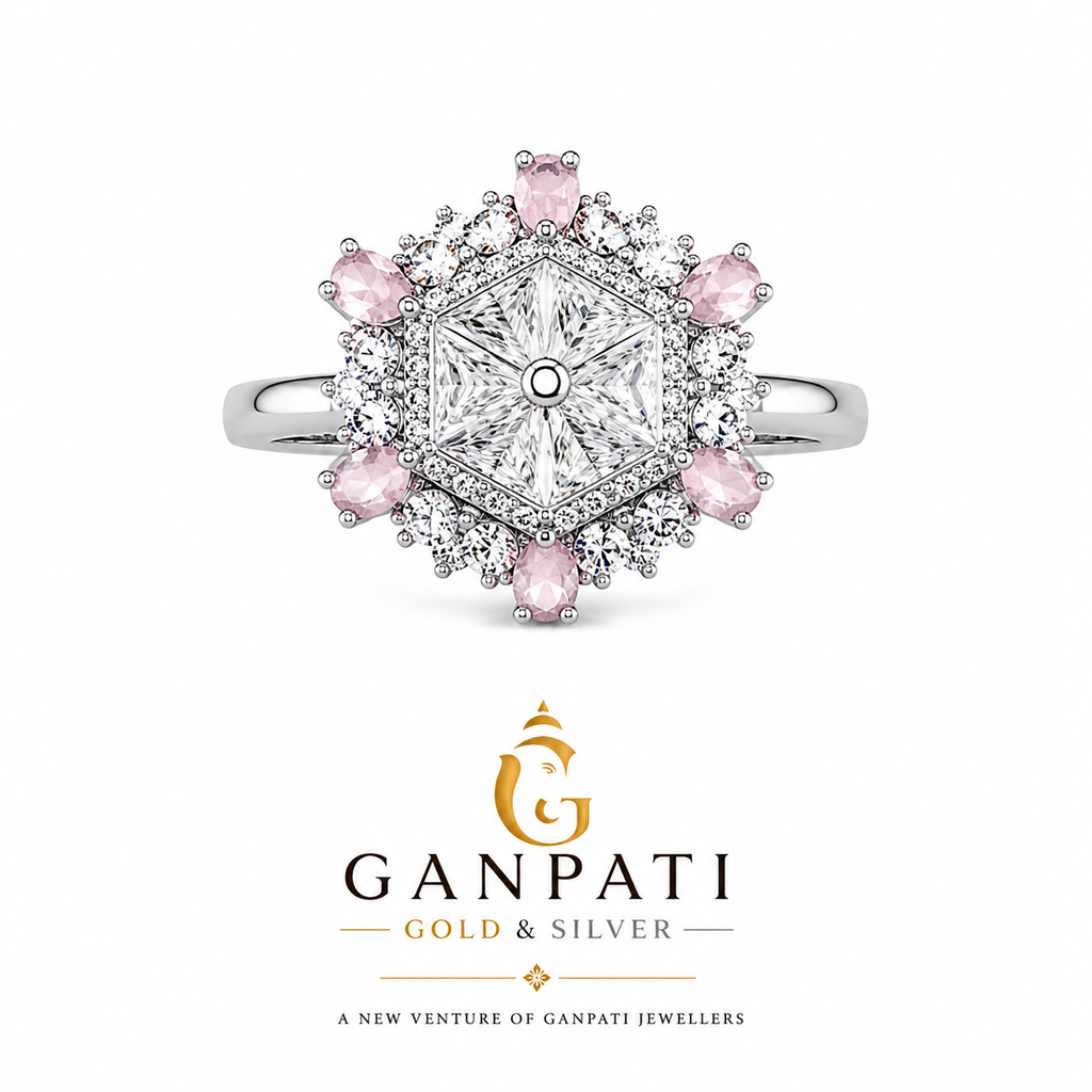 Royal Blossom Halo Ring in 925 Silver with Pink Stones