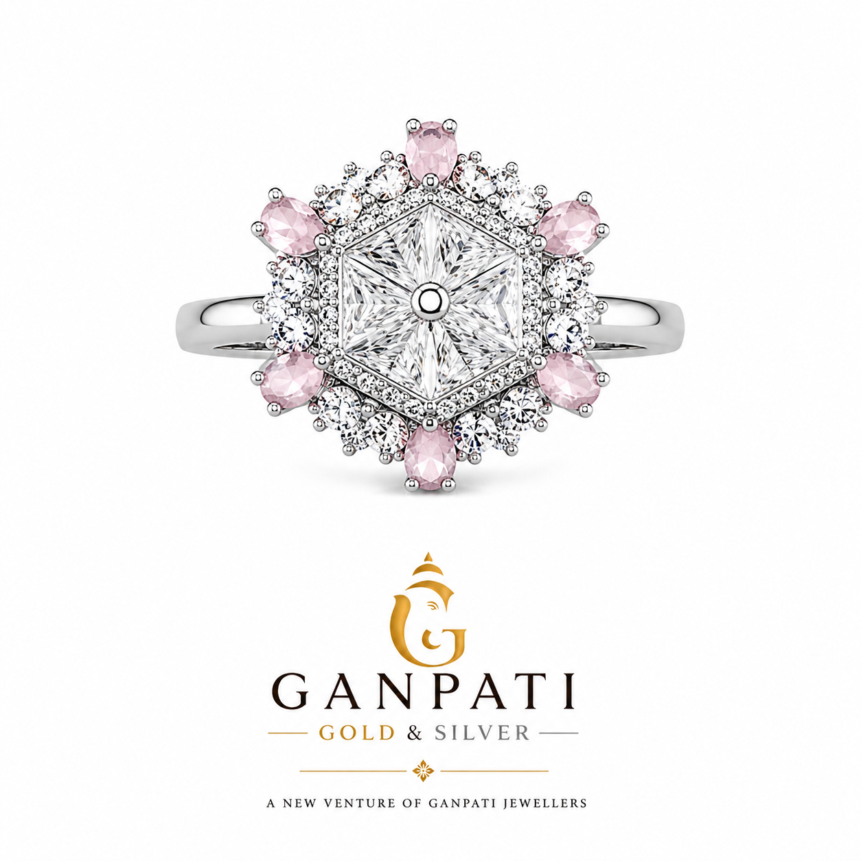 Royal Blossom Halo Ring in 925 Silver with Pink Stones