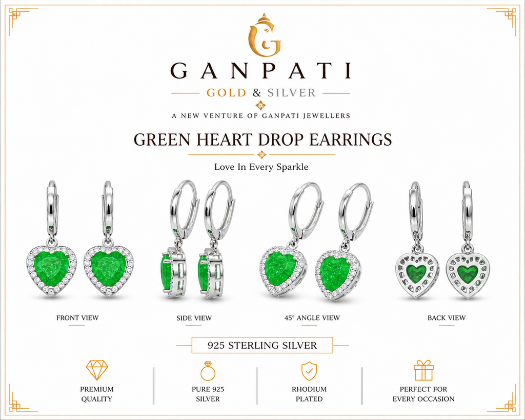 Green Heart Drop Earrings in 925 Sterling Silver