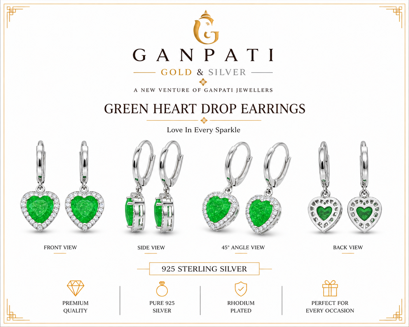 Green Heart Drop Earrings in 925 Sterling Silver