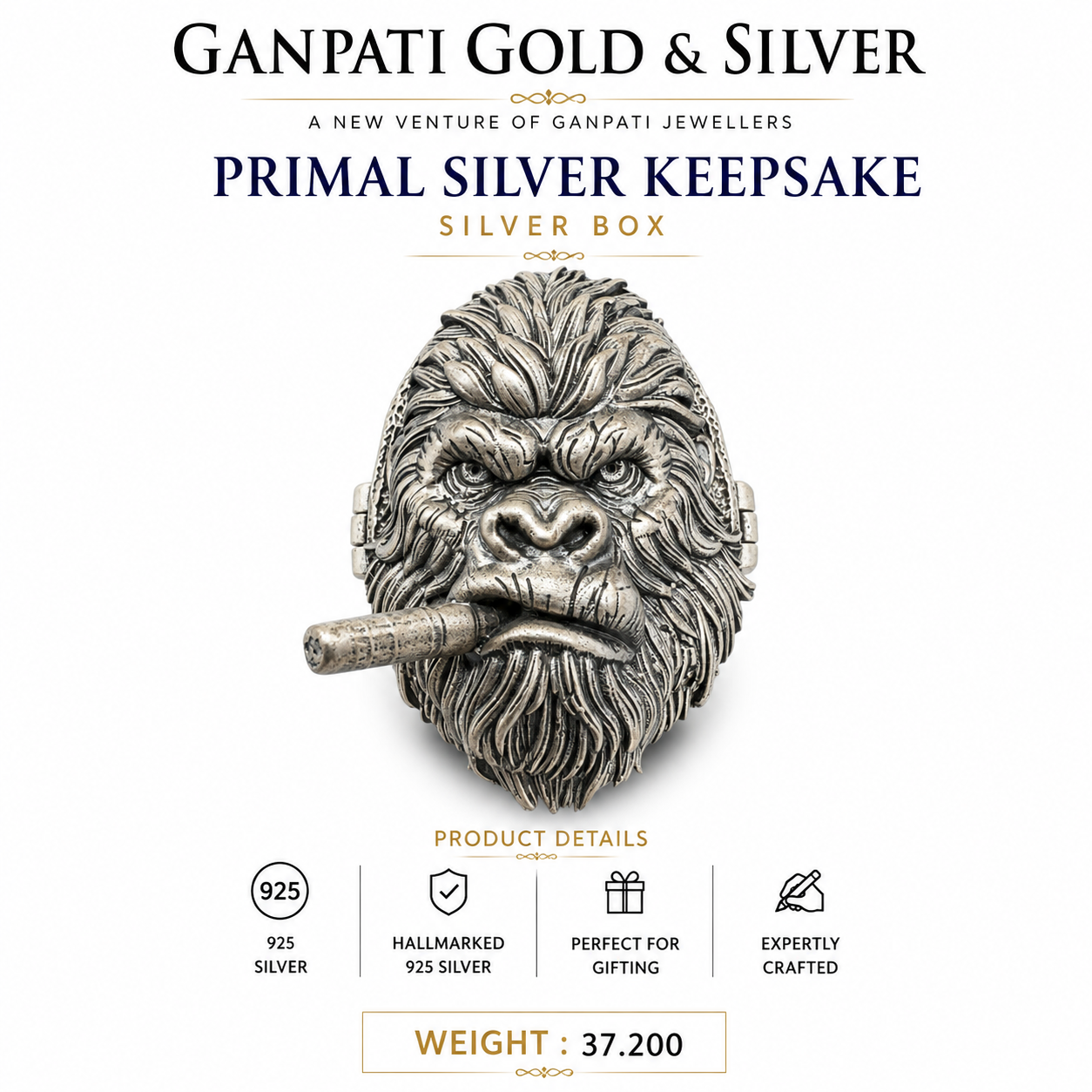 Primal Gorilla 925 Silver Keepsake Box