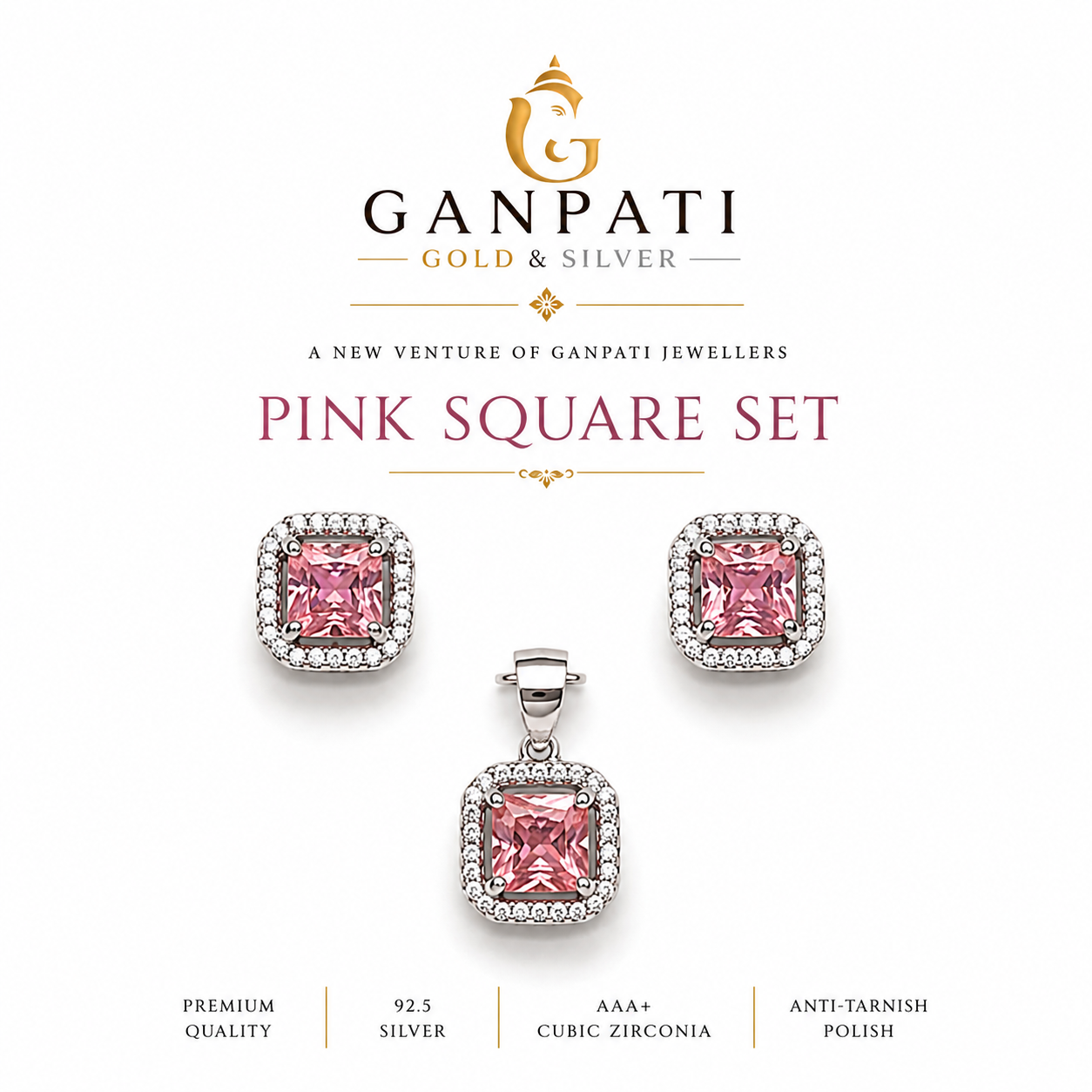 Pink Square Set – 925 Silver Jewellery Set